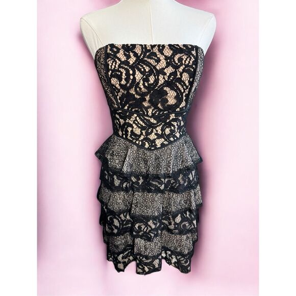 BCBGMaxAzria Black Tan Corset Ruffle Mini Dress Whimsigoth Girly Sz‎ 0 - Picture 1 of 8
